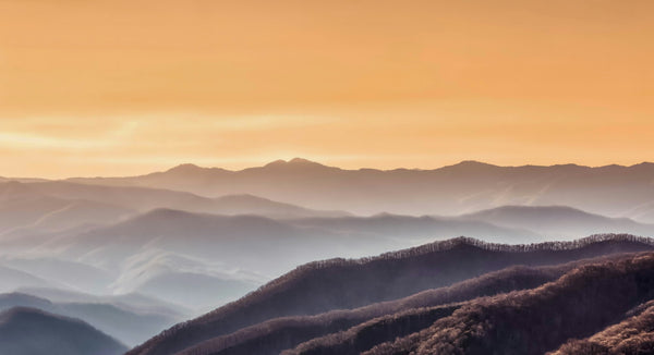 Layered mountain ridges catching the first golden light of sunrise at Newfound Gap in Great Smoky Mountains National Park