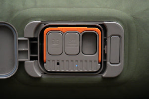 Built-in battery module with integrated camp lamp and controls on the Basecamp Mattress